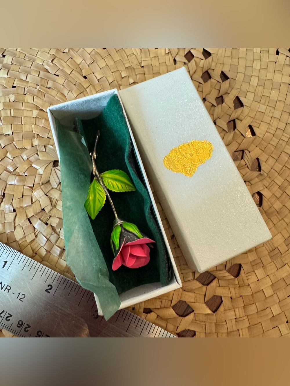 Vintage Giovanni Signed Rose Bud Pin Brooch Original Box Silver Tone Red Green